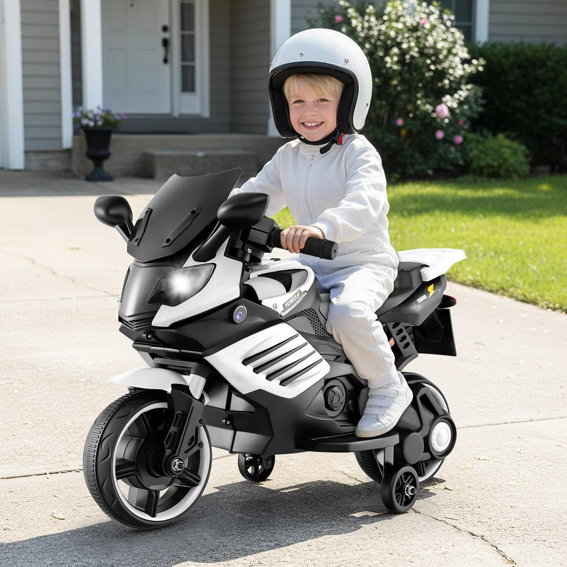 OLAKIDS 6V Kids Motorcycle with Training Wheels, Horn, Music, Headlight for Boys Girls Aged 3+ Years (White)
