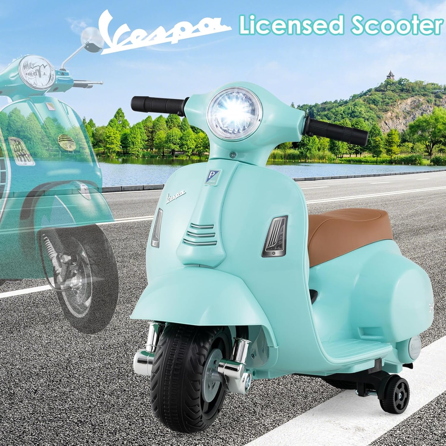 Licensed Vespa Scooter Kids Motorcycle by OLAKIDS, 6V Ride on Electric Motorcycle with Training Wheels