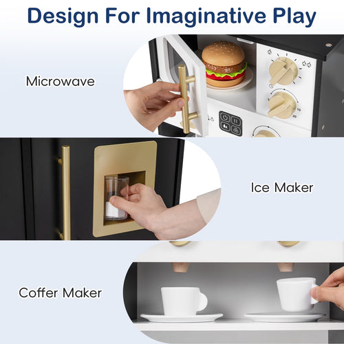 OLAKIDS Kids Kitchen Playset, Wooden Pretend Play Kitchen with Realistic Light Sound 14 Accessories, Toddler Cooking Toy for Boys Girls Aged 3+