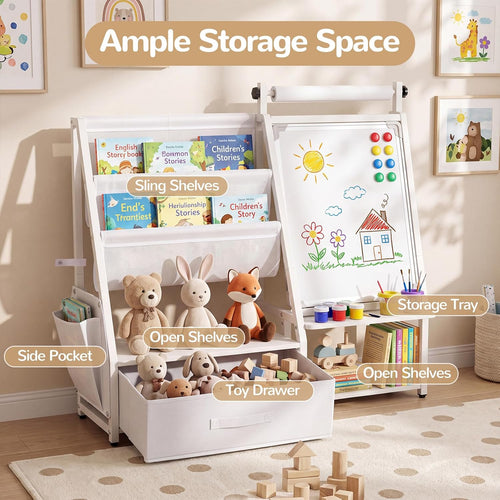 OLAKIDS 4 in 1 Easel for Kids, Toddler Bookshelf and Toy Storage Organizer