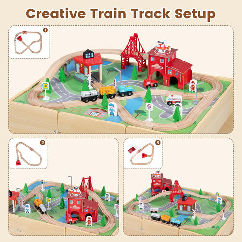 OLAKIDS Train Table, 63 PCS Wooden Kids Activity Toy with Storage Drawer