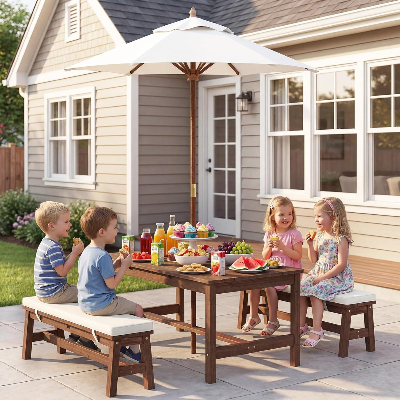 Olakids Kids Picnic Table, Outdoor Wooden Bench Set with Removable Cushions Adjustable Foldable Umbrella