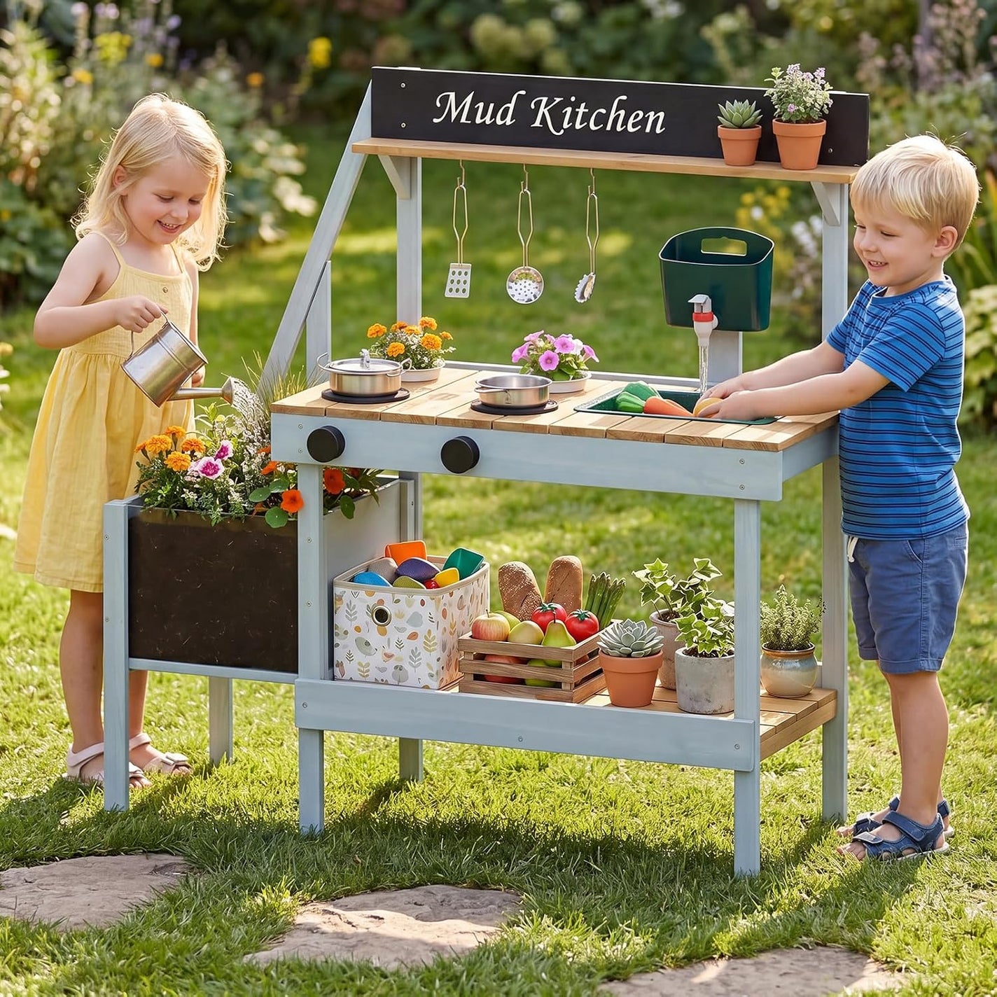 OLAKIDS Outdoor Wooden Mud Kitchen Toddler Montessori Backyard Pretend Toy Set