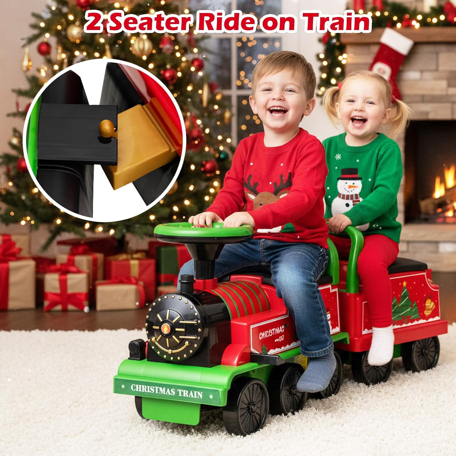 OLAKIDS 6V 2-Seater Ride on Train with Carriage, Storage, Train Whistle, Music, Lights for 18 Months+