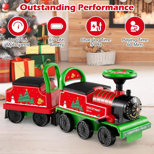 OLAKIDS 6V 2-Seater Ride on Train with Carriage, Storage, Train Whistle, Music, Lights for 18 Months+