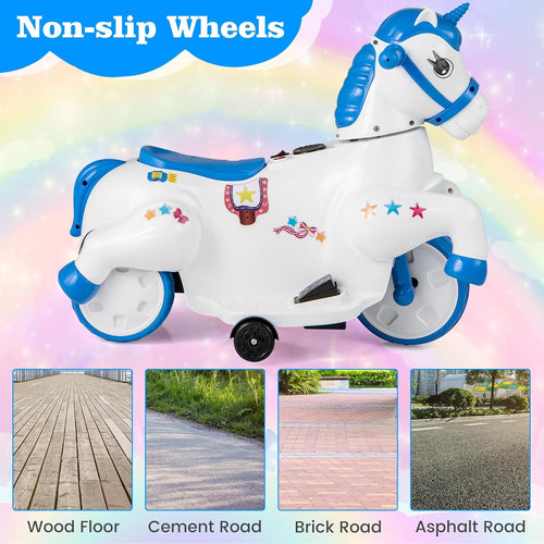 OLAKIDS 2 in 1 Ride on Motorcycle and Horse, Unicorn 6V Battery Powered Ride on Toy  Aged 3-6 Years