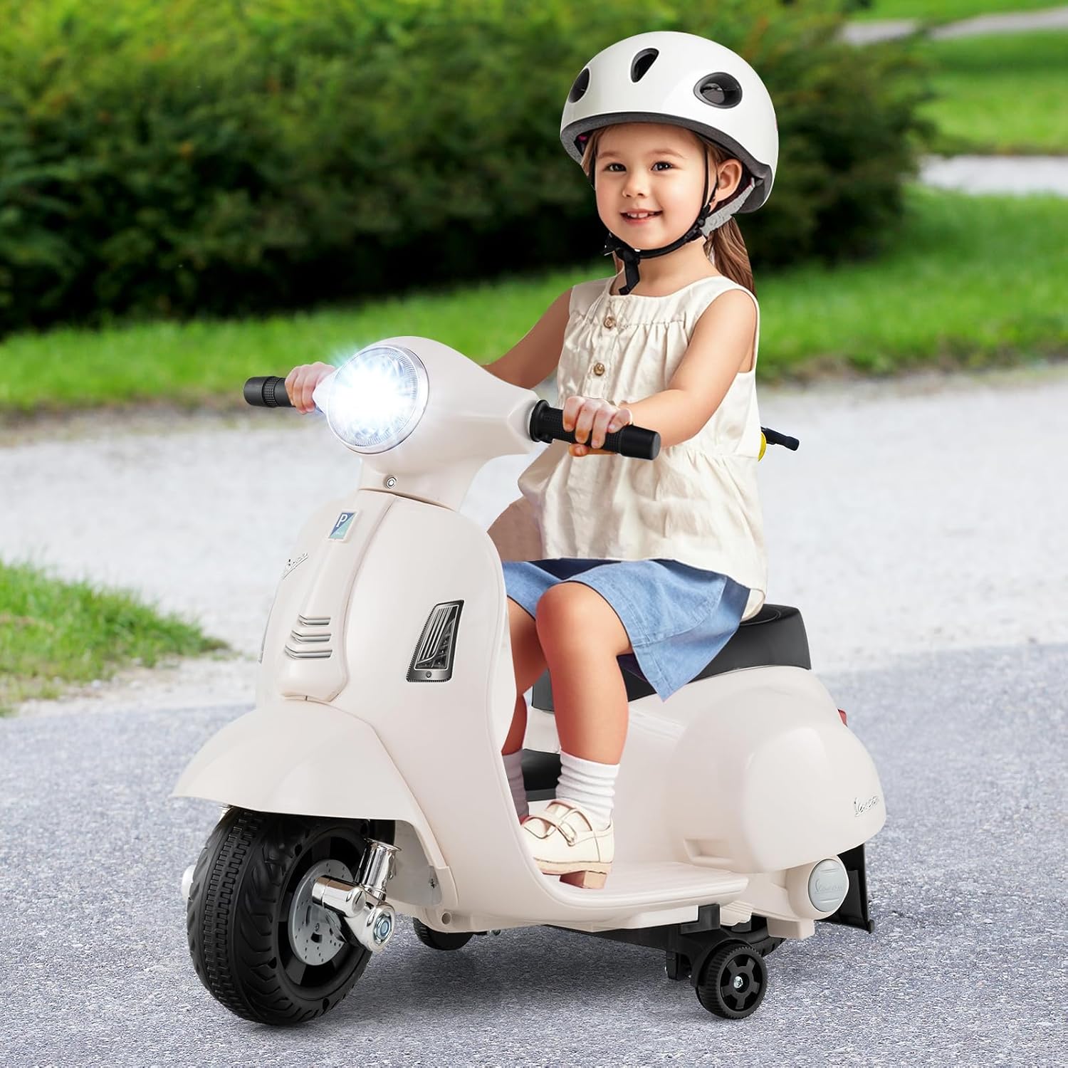 Licensed Vespa Scooter Kids Motorcycle by OLAKIDS, 6V Ride on Electric Motorcycle with Training Wheels