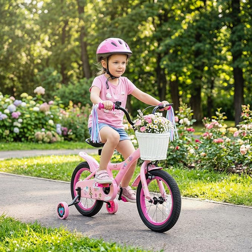 Olakids Kids Bike, 12 14 16 18 Inch Sweet Heart Theme Girls Bicycle with Training Wheels