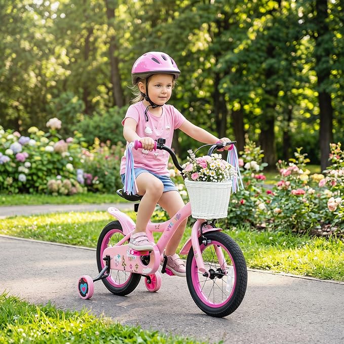 Olakids Kids Bike, 12 14 16 18 Inch Sweet Heart Theme Girls Bicycle with Training Wheels