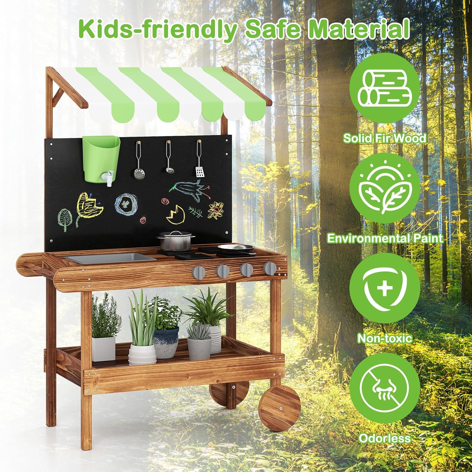 OLAKIDS Mud Kitchen, Outdoor Play Kitchen with Drawing Board, Real Water Flow, Removable Sink, Storage, Cooking Accessories,for Boys Girls Ages 3+