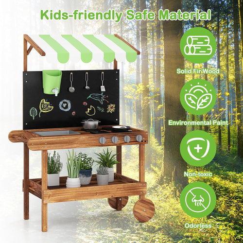 OLAKIDS Mud Kitchen, Outdoor Play Kitchen with Drawing Board, Real Water Flow, Removable Sink, Storage, Cooking Accessories,for Boys Girls Ages 3+