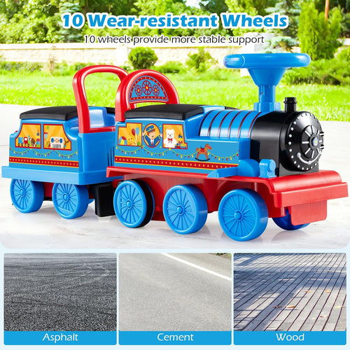 OLAKIDS 6V 2-Seater Ride on Train with Carriage, Storage, Train Whistle, Music, Lights for 18 Months+