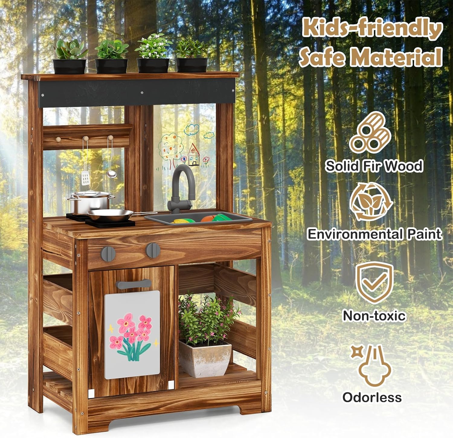 OLAKIDS Mud Kitchen, Outdoor Play Kitchen with Drawing Board, 4 Cups, Removable Sink, Storage, Cooking Accessories for Boys Girls Ages 3+