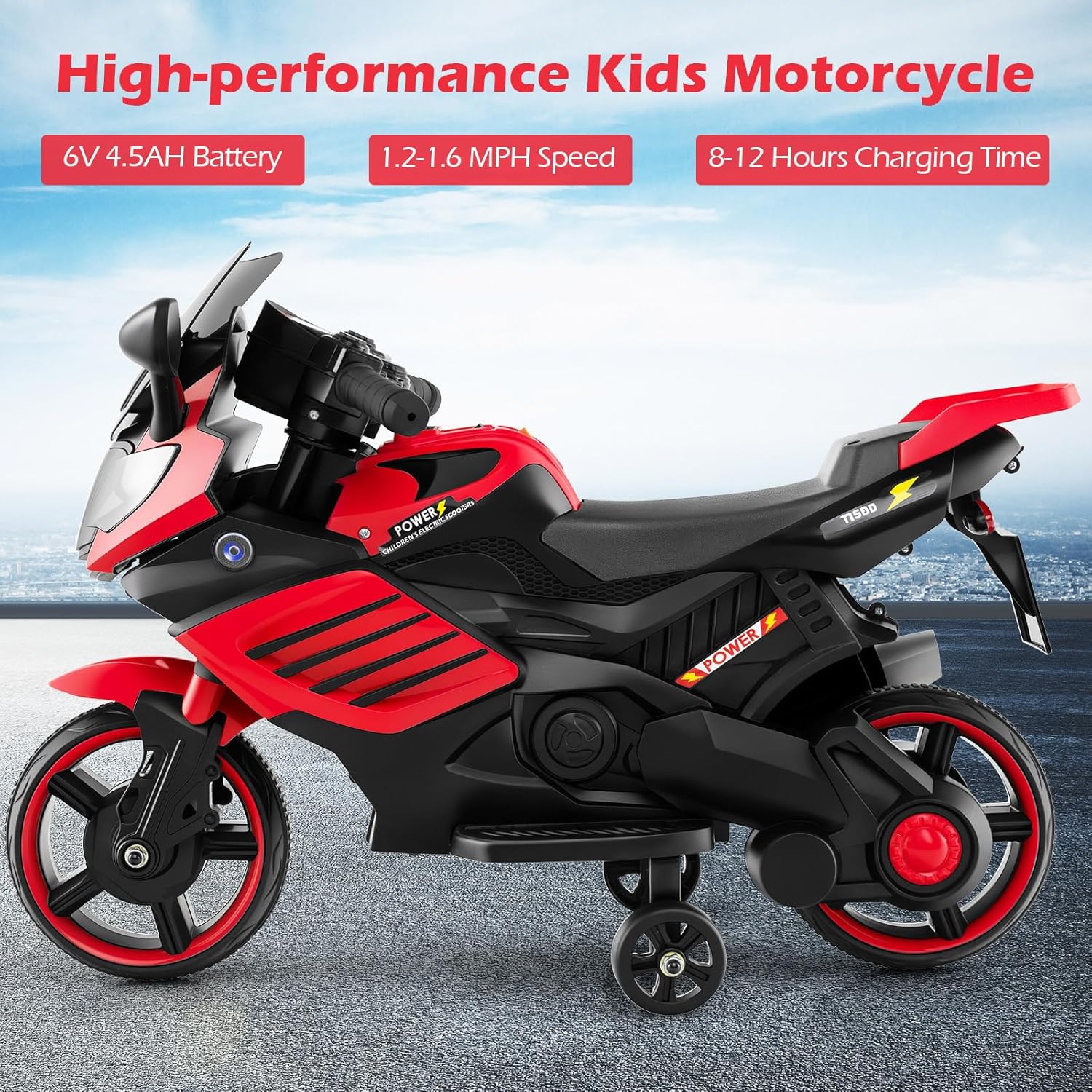 OLAKIDS 6V Kids Motorcycle with Training Wheels,for Boys Girls Aged 3+ Years