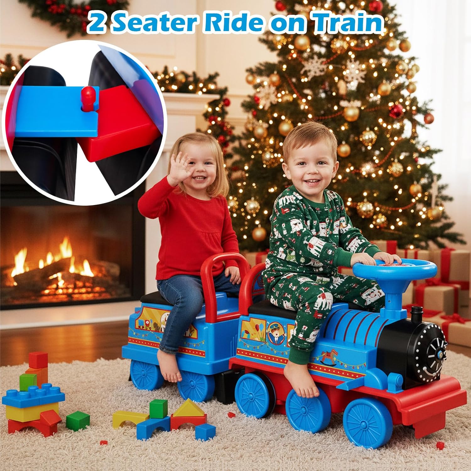 OLAKIDS 6V 2-Seater Ride on Train with Carriage, Storage, Train Whistle, Music, Lights for 18 Months+