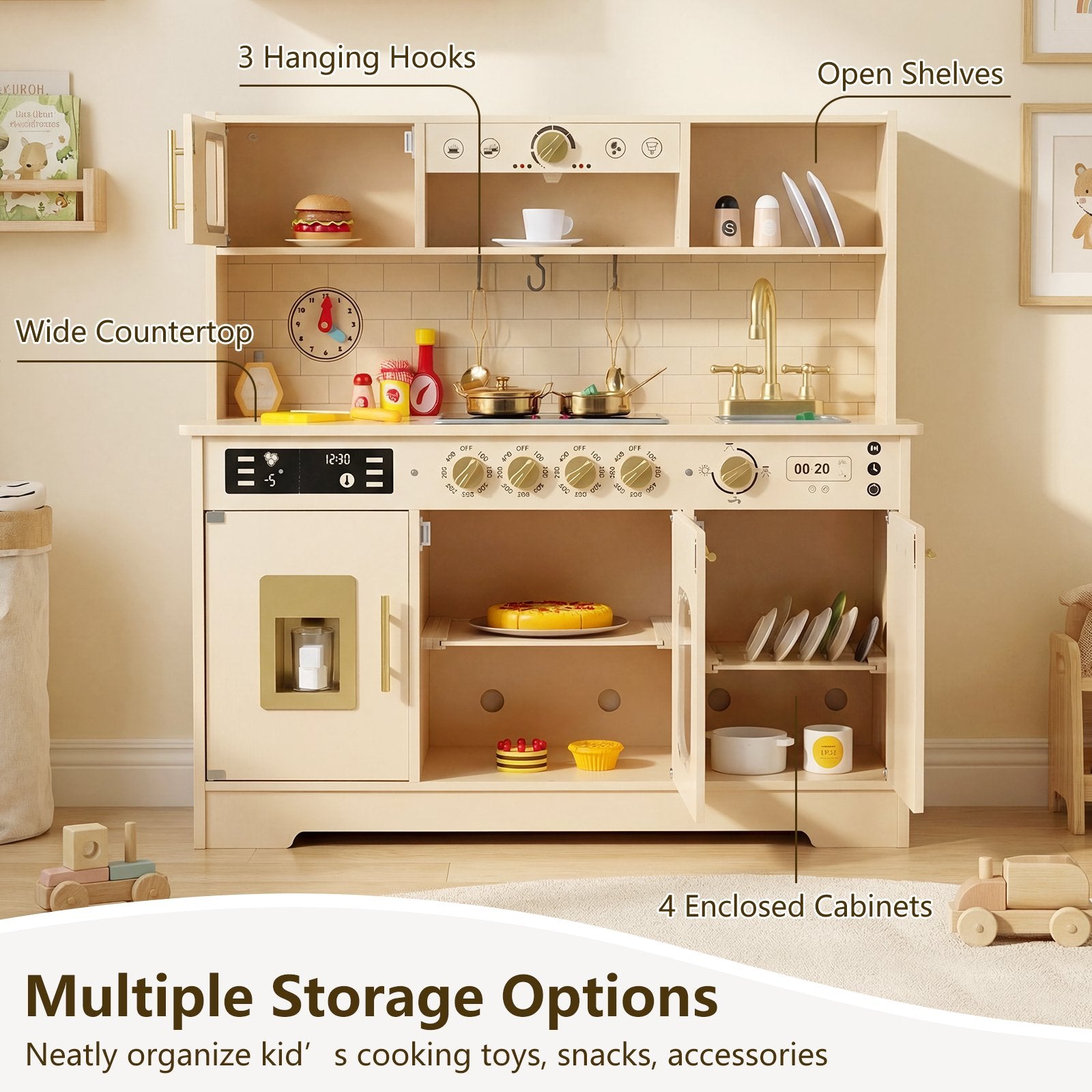 OLAKIDS Wooden Play Kitchen with Lights, Sounds, Dishwasher & Coffee Machine, Pretend Cooking Set for Ages 3+