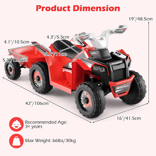 OLAKIDS 6V Kids ATV with Removable Trailer, Forward Backward Function, Widened & Wear-Resistant Wheels, Ride On Toy for Toddlers