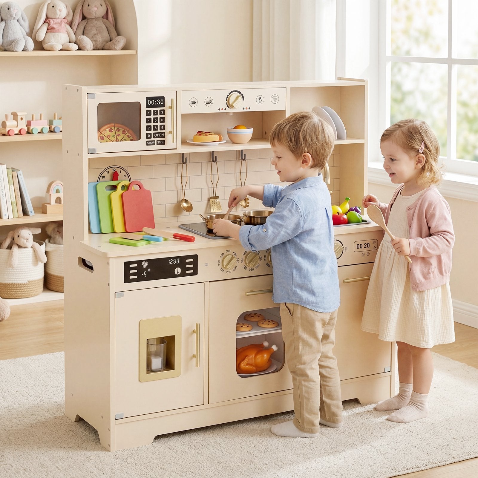 OLAKIDS Play Kitchen with Real Lights Sounds, Dishwasher, Coffee Machine, Wooden Pretend Cooking Toys with 17 Accessories for Boys Girls Ages 3+