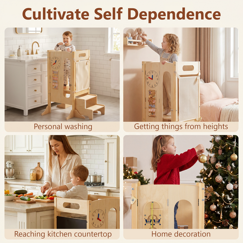 OLAKIDS Foldable 4-in-1 Wooden Toddler Tower, 2-Step Standing Stool with Chalkboard, Kitchen Helper for Kids 3+