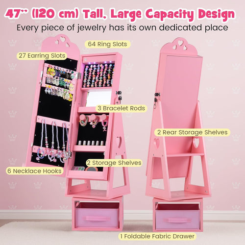 OLAKIDS Kids Jewelry Armoire Cabinet, 360° Swivel Lockable Standing Makeup Organizer
