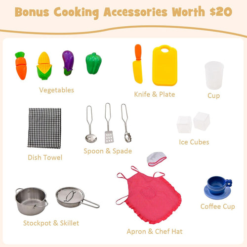 OLAKIDS Wooden Toddler Kitchen Playset with Lights, Coffee Maker, Ice Maker, Stove, Sink, Microwave and 2 Storage Bins
