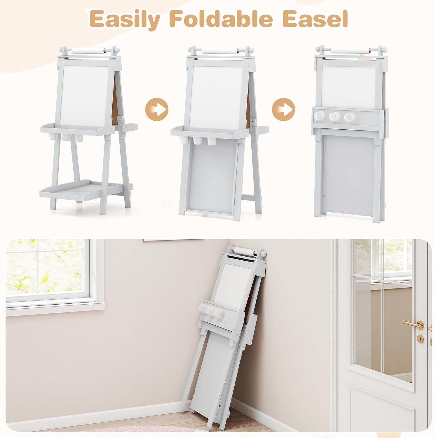 OLAKIDS Easel for Kids, 3 in 1 Adjustable Painting Art Board, Foldable Double-Sided Wooden Drawing Chalkboard Magnetic Whiteboard