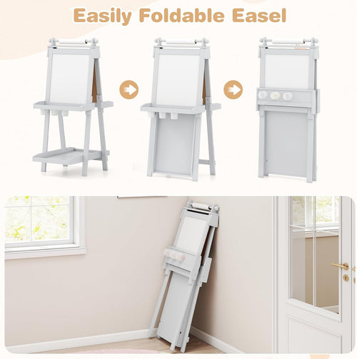 OLAKIDS Easel for Kids, 3 in 1 Adjustable Painting Art Board, Foldable Double-Sided Wooden Drawing Chalkboard Magnetic Whiteboard