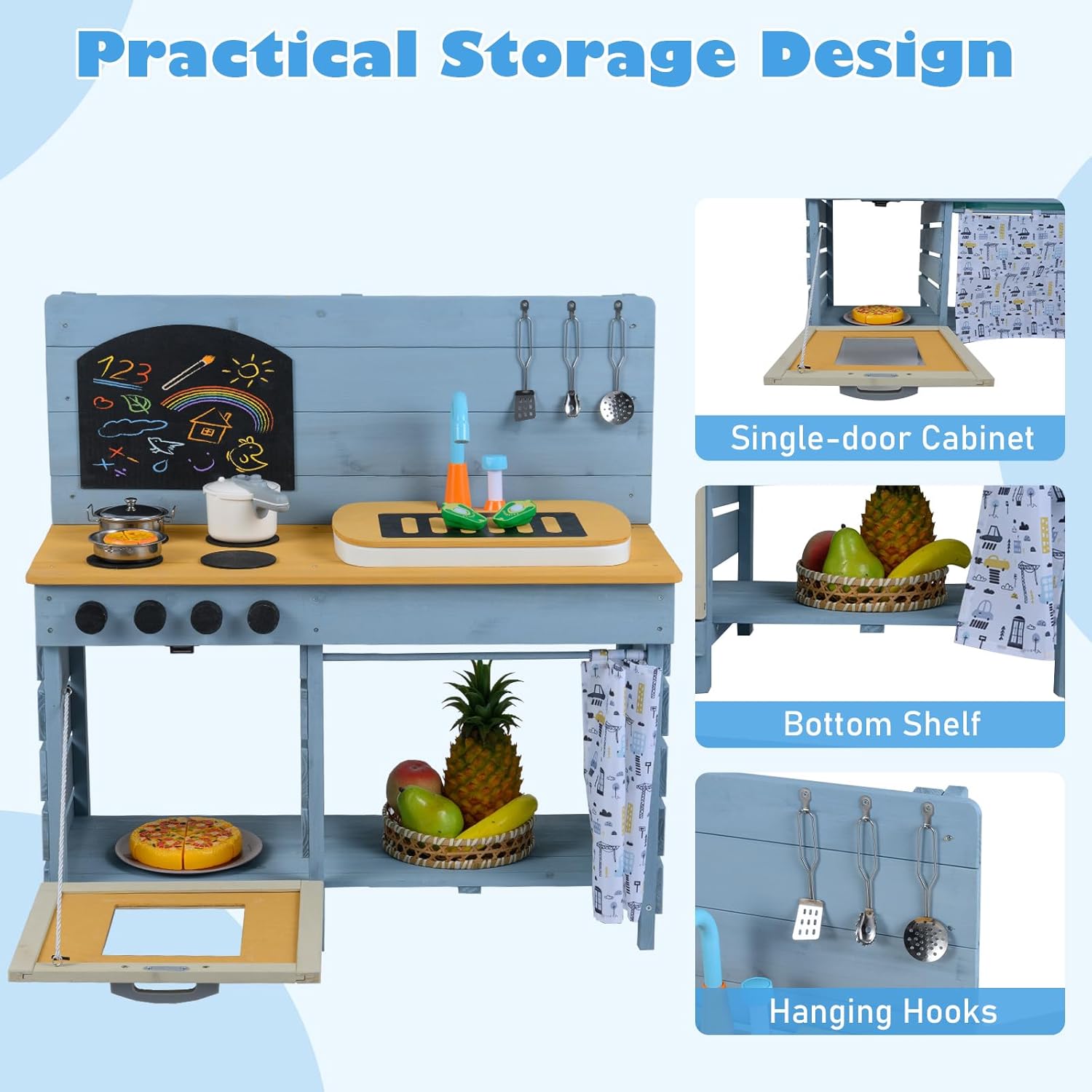OLAKIDS Wooden Outdoor Mud Kitchen with Sink, Chalkboard & Stove for Kids