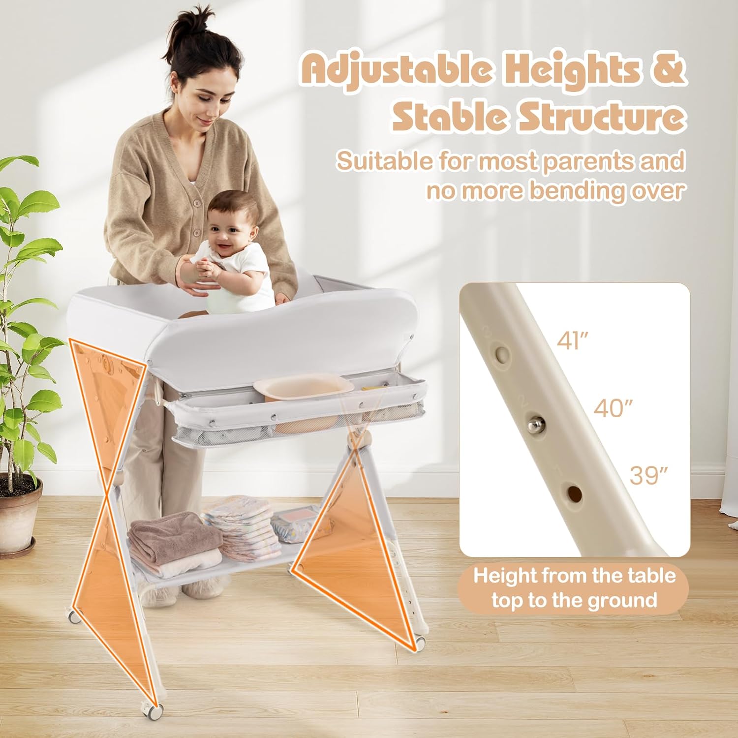 INFANS Baby Changing Table with Wheels, Portable Folding Diaper Station Nursery Organizer with Storage Basket, Hanging Rack, Adjustable Height, Safety Belt for Newborn Infant