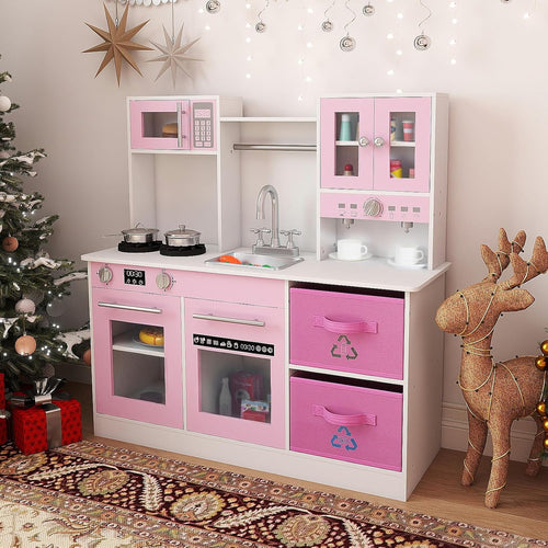 OLAKIDS Wooden Toddler Kitchen Playset with Realistic Lights, Sounds & Appliances