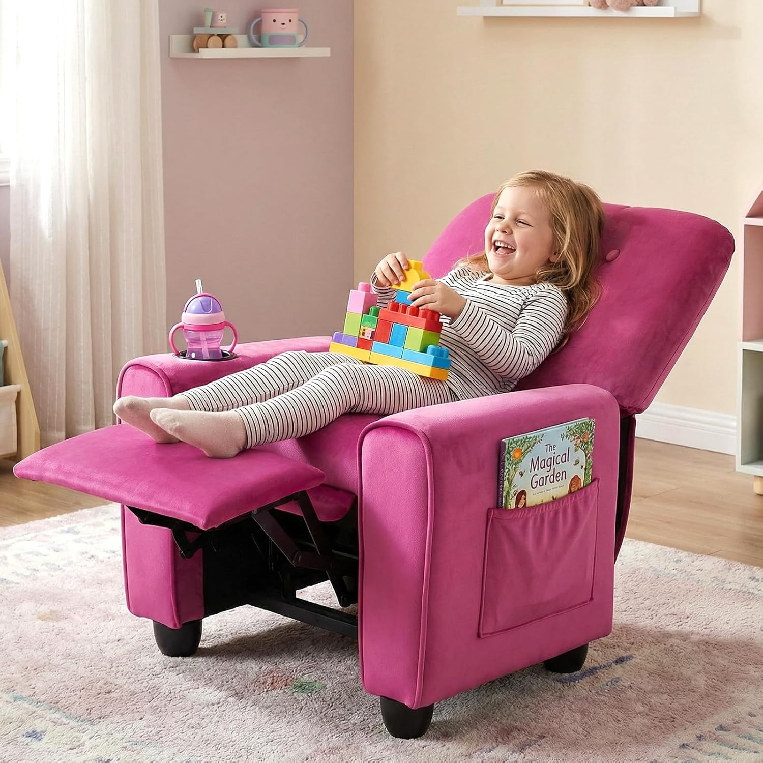 OLAKIDS Kids Recliner, Toddler Lounge Chair with Adjustable Backrest Footrest Cup Holder Side Pockets