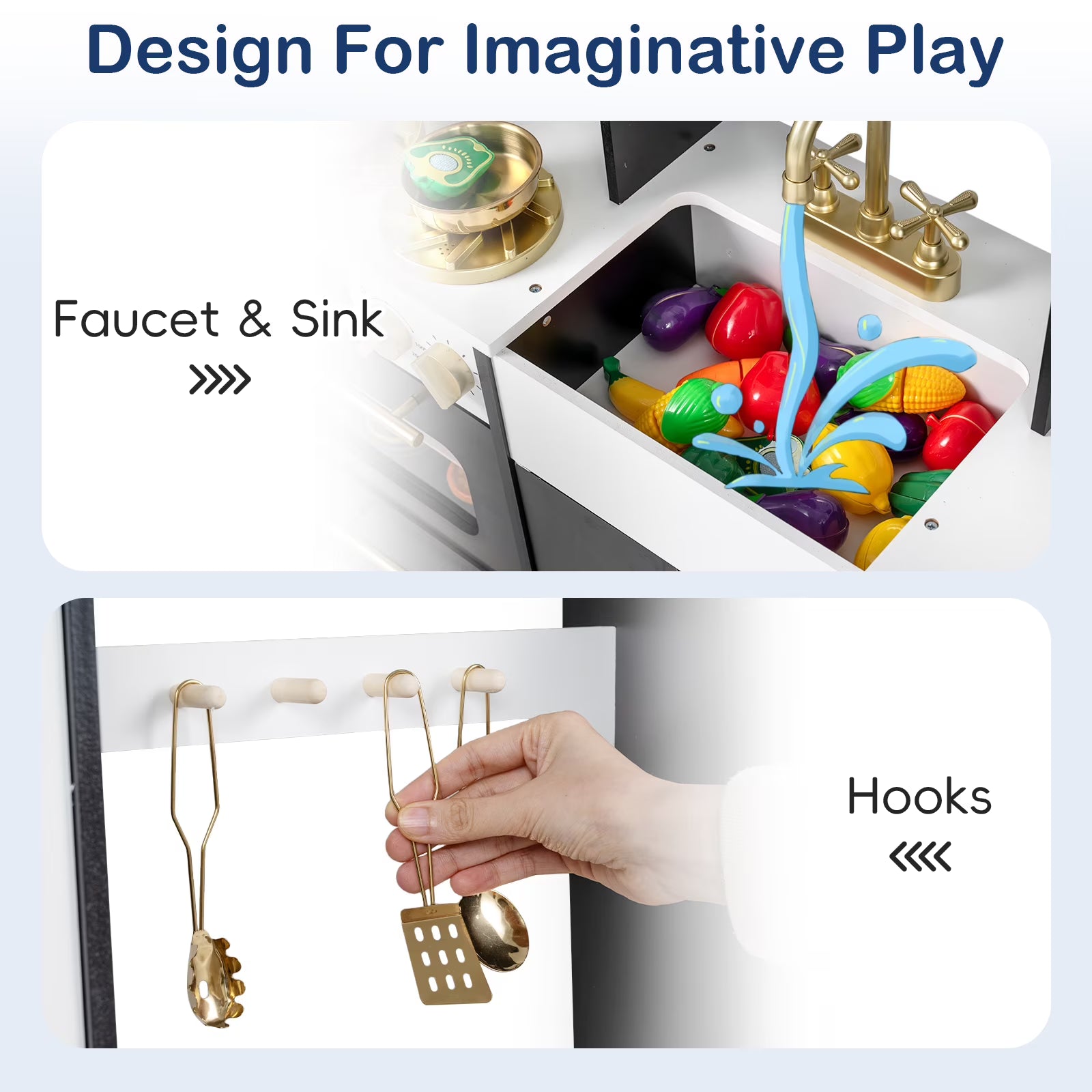 OLAKIDS Kids Kitchen Playset, Wooden Pretend Play Kitchen with Realistic Light Sound 14 Accessories, Toddler Cooking Toy for Boys Girls Aged 3+