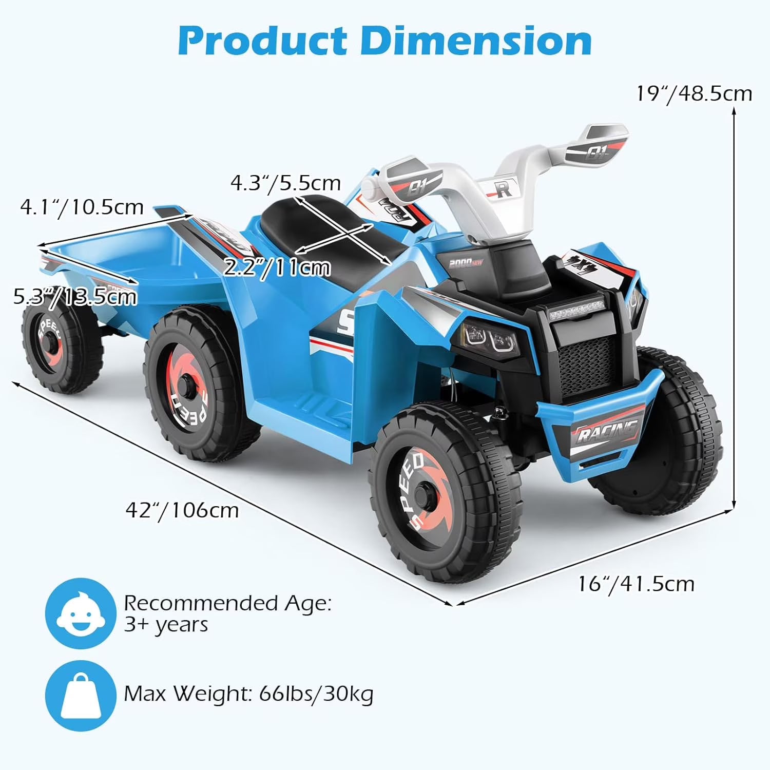 OLAKIDS 6V Kids ATV with Removable Trailer, Forward Backward Function, Widened & Wear-Resistant Wheels, Ride On Toy for Toddlers
