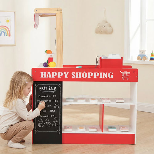 INFANS Grocery Store Pretend Play for Kids, Wooden Supermarket Toy Set with Shopping Cart, Vending Machine, Cash Register, Gift for Boys Girls 3+
