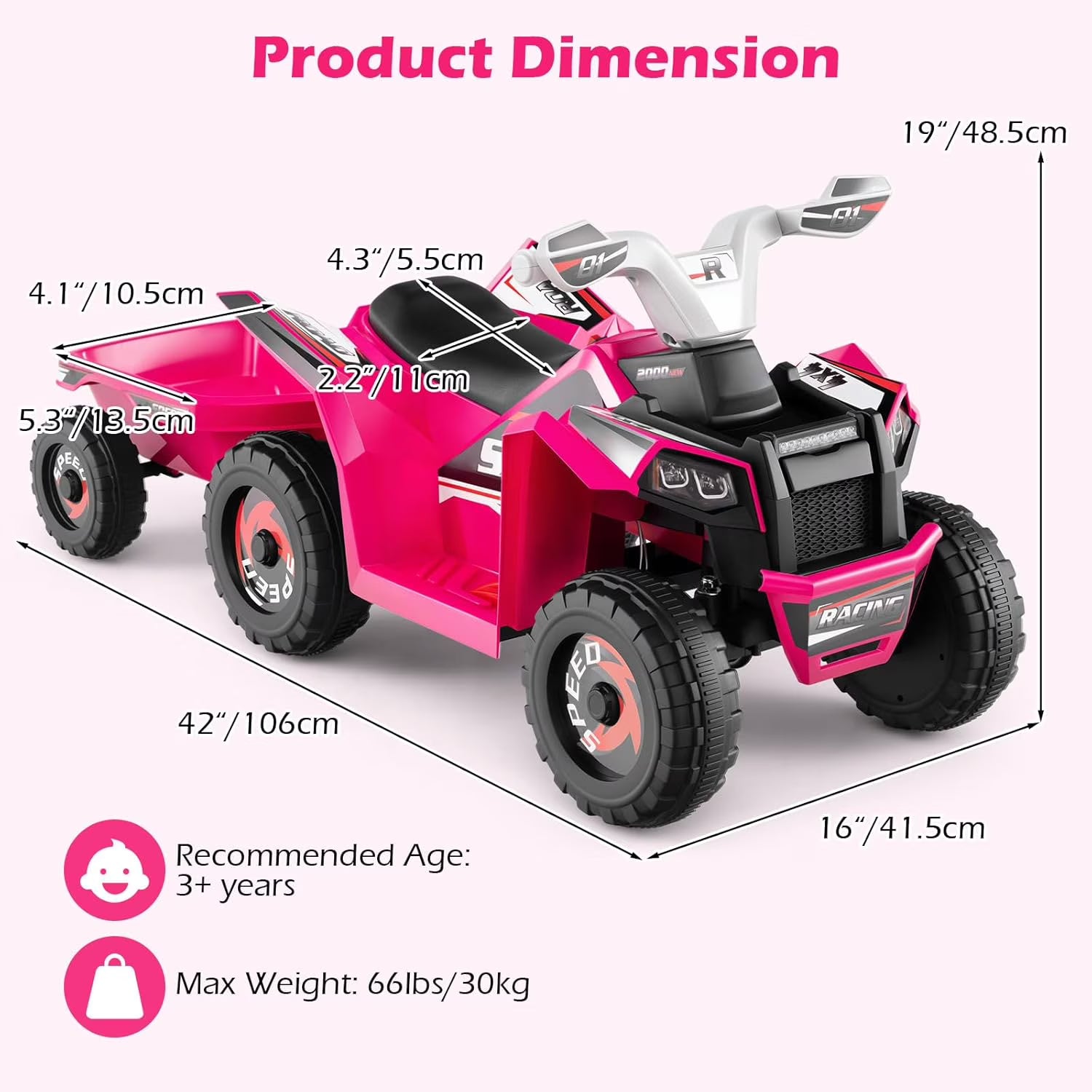 OLAKIDS 6V Kids ATV with Removable Trailer, Forward Backward Function, Widened & Wear-Resistant Wheels, Ride On Toy for Toddlers