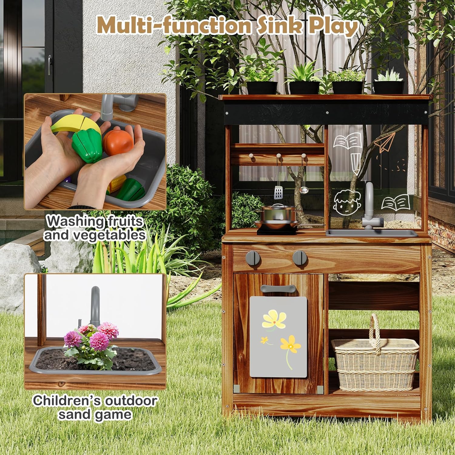 OLAKIDS Mud Kitchen, Outdoor Play Kitchen with Drawing Board, 4 Cups, Removable Sink, Storage, Cooking Accessories for Boys Girls Ages 3+