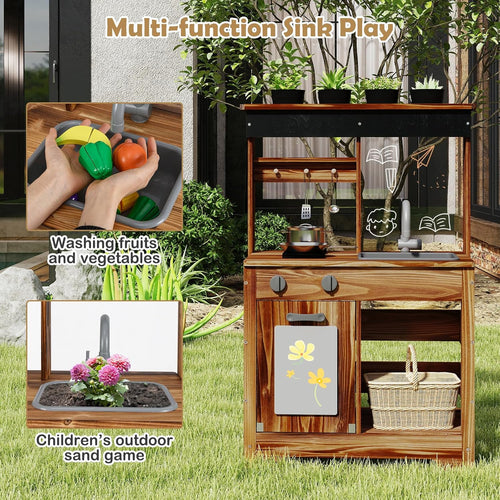 OLAKIDS Mud Kitchen, Outdoor Play Kitchen with Drawing Board, 4 Cups, Removable Sink, Storage, Cooking Accessories for Boys Girls Ages 3+