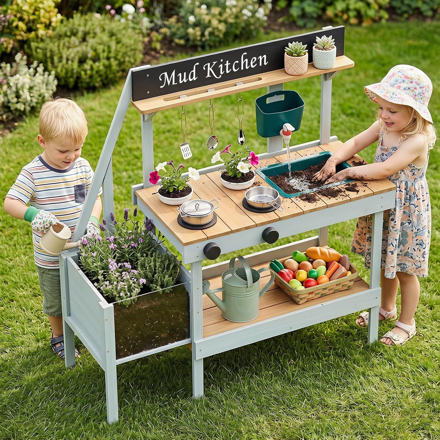 OLAKIDS Outdoor Wooden Mud Kitchen Toddler Montessori Backyard Pretend Toy Set