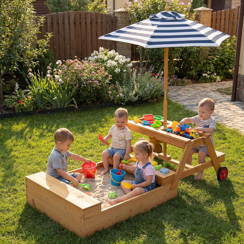 OLAKIDS 3-in-1 Wooden Kids Picnic Table, Outdoor Sandbox with Lid, Benches, Wheels, Storage & Adjustable Umbrella