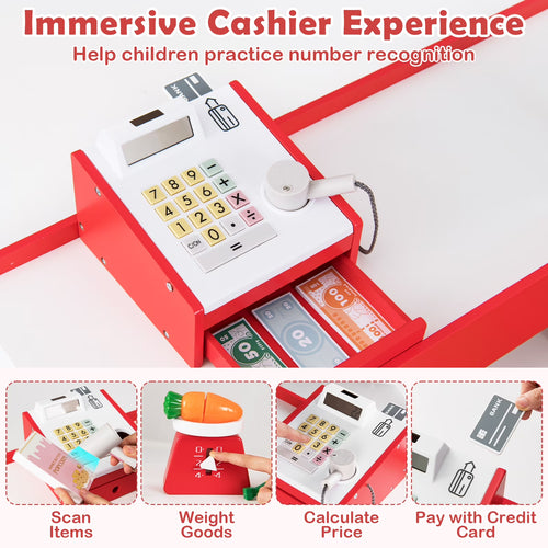 INFANS Grocery Store Pretend Play for Kids, Wooden Supermarket Toy Set with Shopping Cart, Vending Machine, Cash Register, Gift for Boys Girls 3+