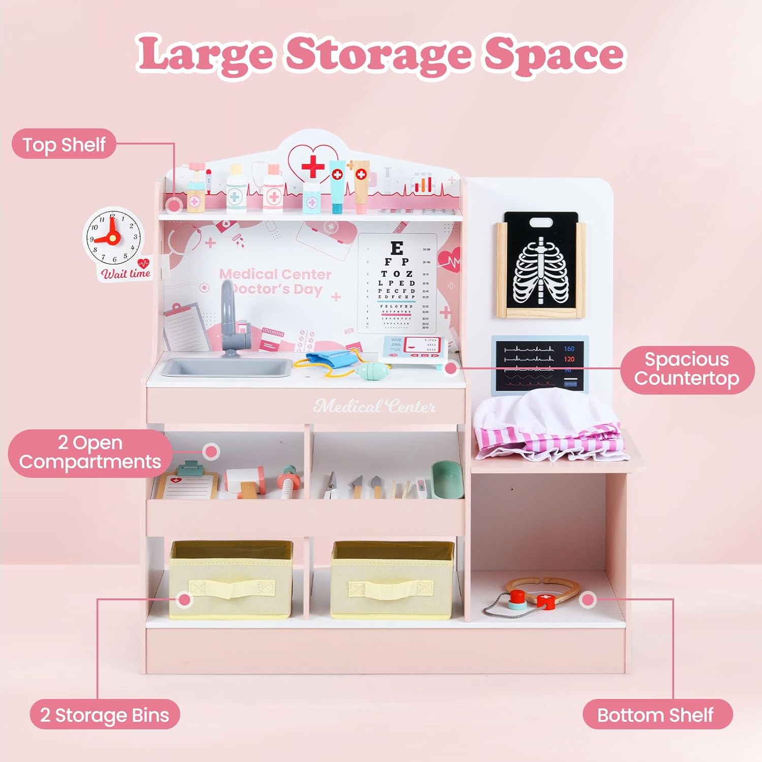 OLAKIDS Doctor Playset Wooden Pretend Medical Station Activity Center Toy Set for Toddler