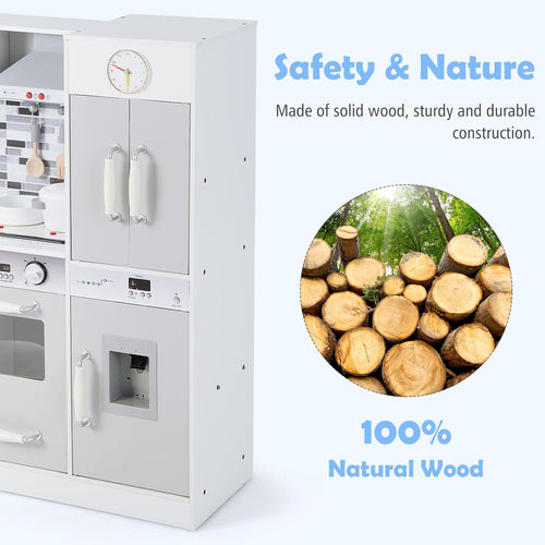 OLAKIDS Wooden Pretend Kitchen Playset for Toddlers with Realistic Light, Sound, Microwave & Storage Cabinet