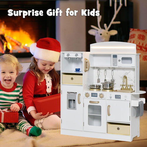 OLAKIDS Wooden Toddler Kitchen Playset with Lights, Coffee Maker, Ice Maker, Stove, Sink, Microwave and 2 Storage Bins