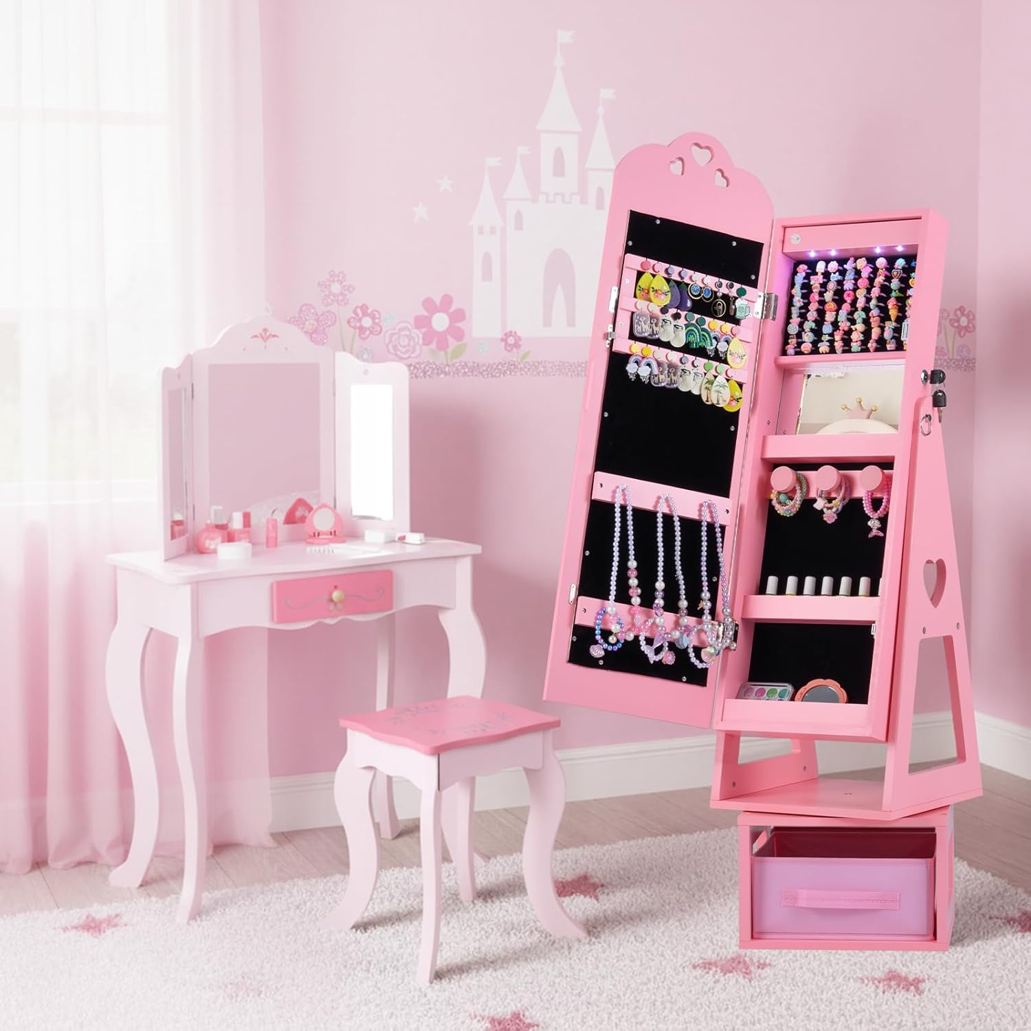 OLAKIDS Kids Jewelry Armoire Cabinet, 360° Swivel Lockable Standing Makeup Organizer