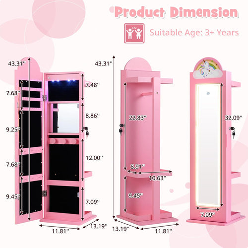 OLAKIDS Kids Jewelry Armoire Cabinet, 360° Swivel Lockable Standing Makeup Organizer