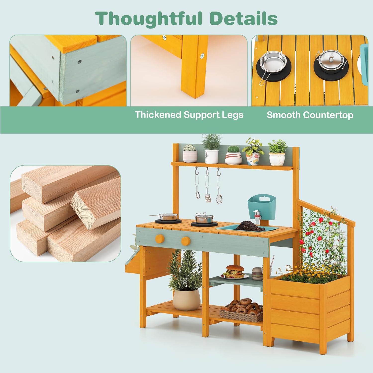 OLAKIDS Wooden Mud Kitchen Outdoor Play Kitchen with Faucet Sink Chalkboard for Kids 3+
