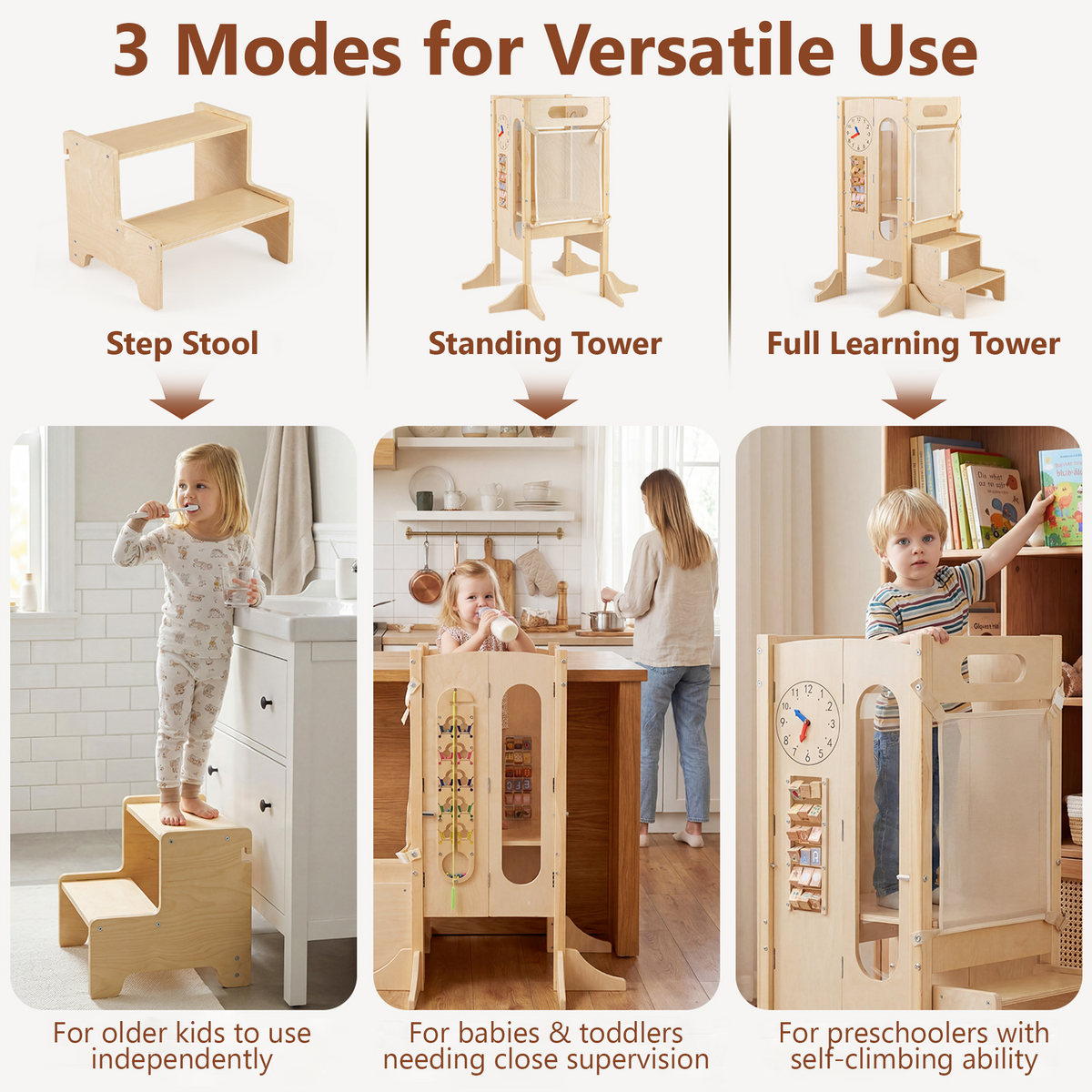 OLAKIDS Foldable 4-in-1 Wooden Toddler Tower, 2-Step Standing Stool with Chalkboard, Kitchen Helper for Kids 3+