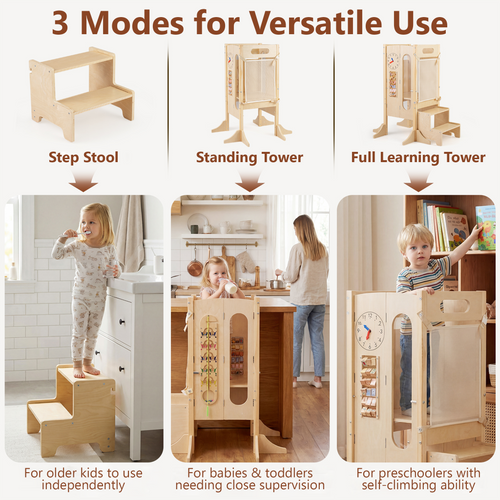 OLAKIDS Foldable 4-in-1 Wooden Toddler Tower, 2-Step Standing Stool with Chalkboard, Kitchen Helper for Kids 3+