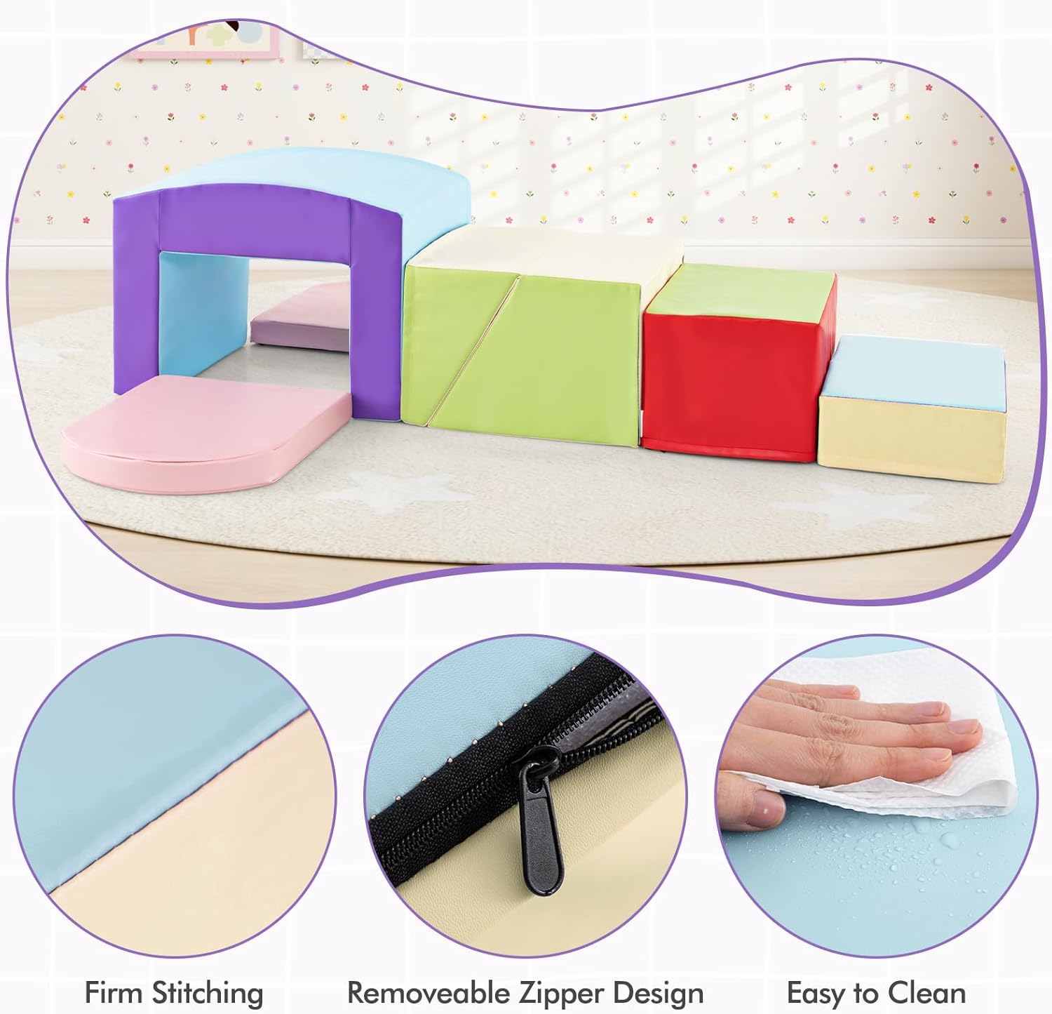 Olakids Climbing Toys for Toddlers, 7 Pieces Indoor Baby Foam Blocks Soft Play Set with PU Leather