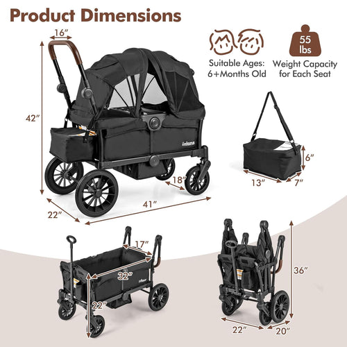 INFANS Wagon Stroller for 2 Kids, Collapsible Adjustable Push Pull Handle Bar, 2 Seater Stroller Wagon